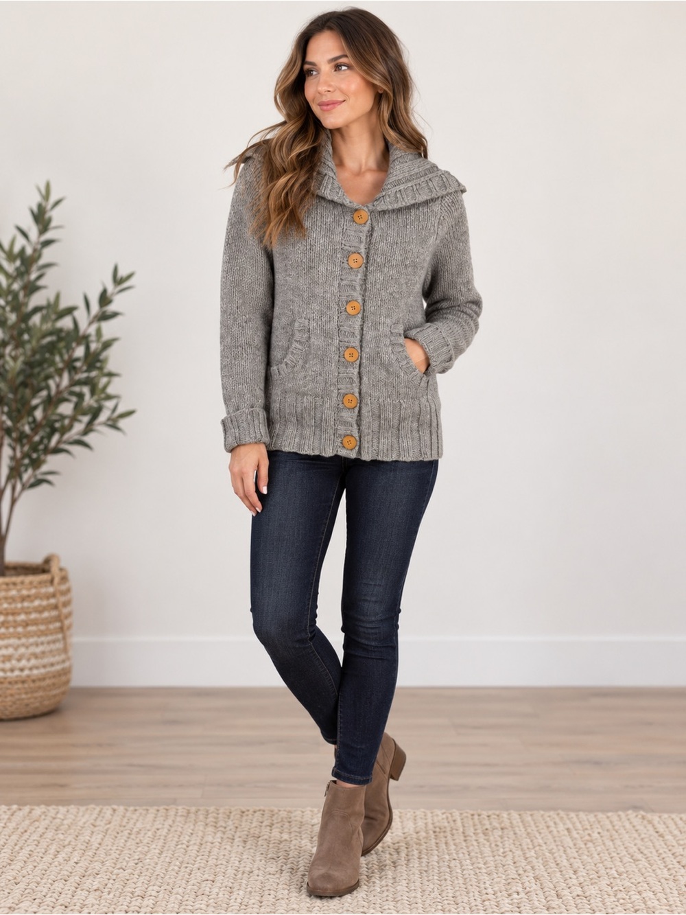 Women’s Gray Button-Front Knit Sweater with Shawl Collar Size S Cottagecore